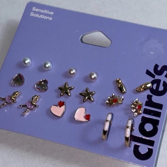 Claire’s 9 earring set NEW Sensitive Solutions Gold Pink Ballerina Ballet Crown - Picture 4 of 5